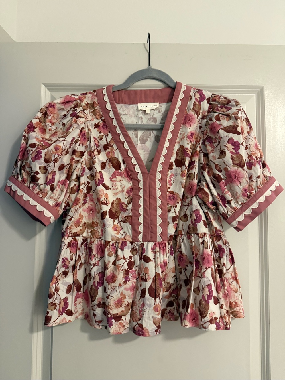 entro Pink and Brown Floral Peplum Blouse with Scalloped Trim
